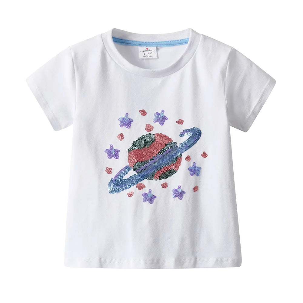 VIKITA Kids Short Sleeve Summer White T Shirts Girls Cosmos Star Sequins Appliqued Cotton Casual Tops and Tees Children Clothing