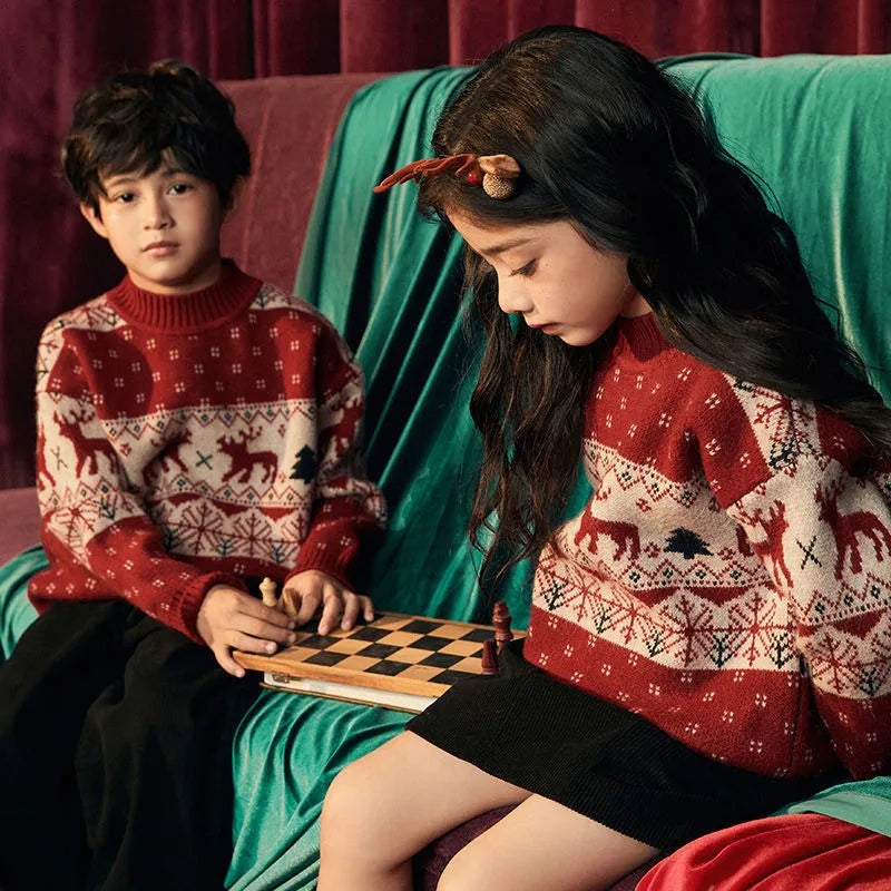 Kids' Christmas Thickened Fleece-Lined Pullover Sweater - Korean Style Warm Baby Boy & Girl Red Holiday Knitwear for Toddler