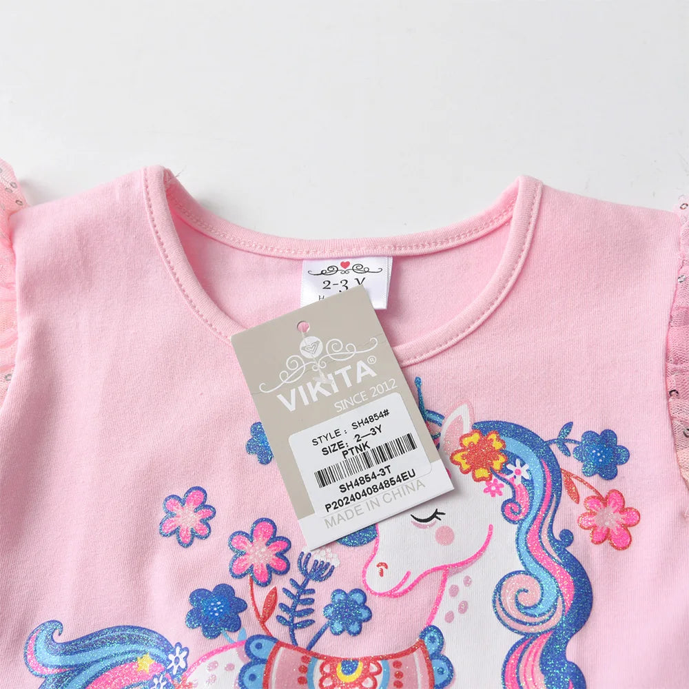 VIKITA Kids Flare Sleeve Summer Dress Girls Unicorn Flower Print Dresses Girls Pink Princess Birthday Party Gradient Cute Dress