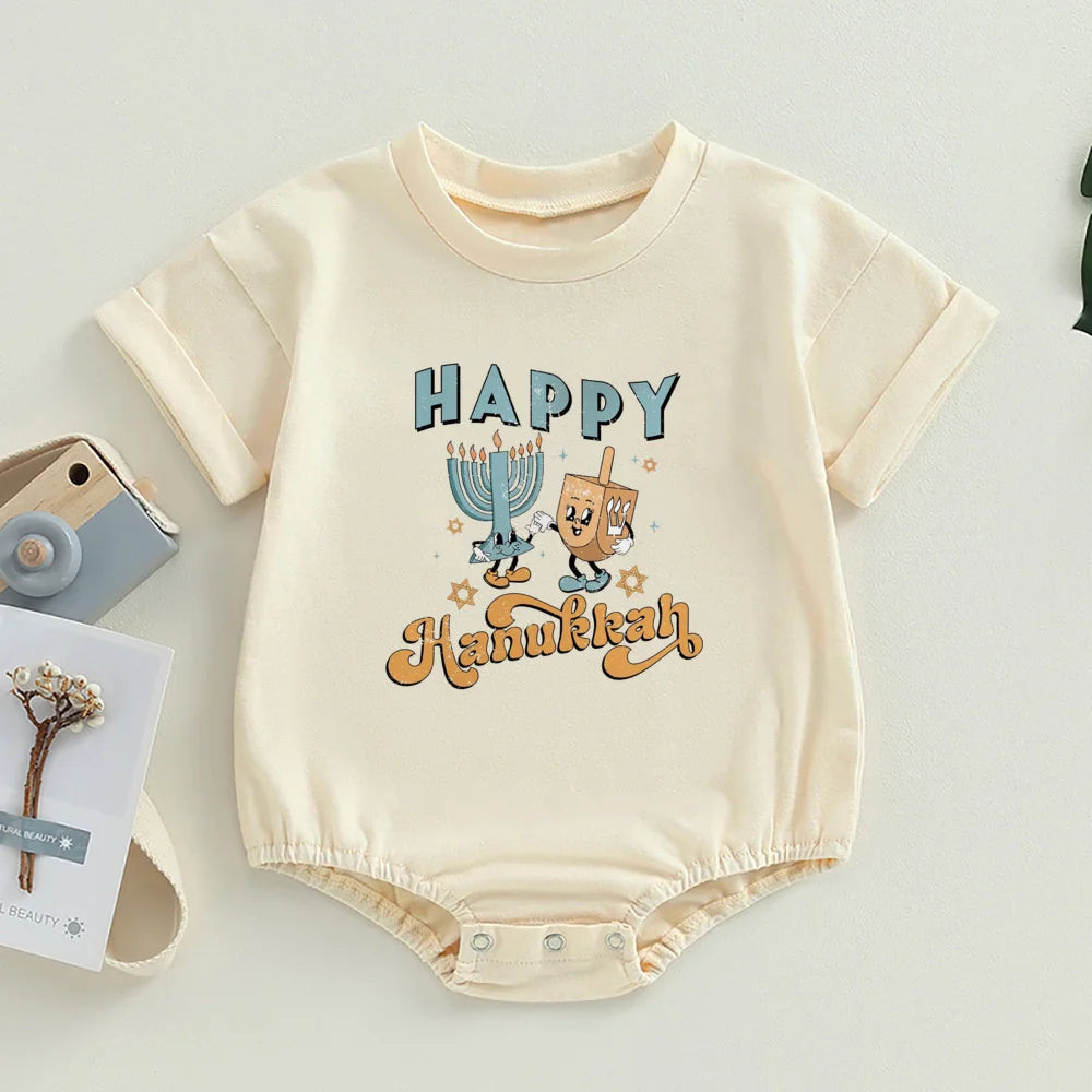 Happy Hanukkah Baby Bubble Romper Jewish  Oversized T-Shirt Romper Shirts Chanukah Boys Girls Clothes Hanukkah Infant Jumpsuit