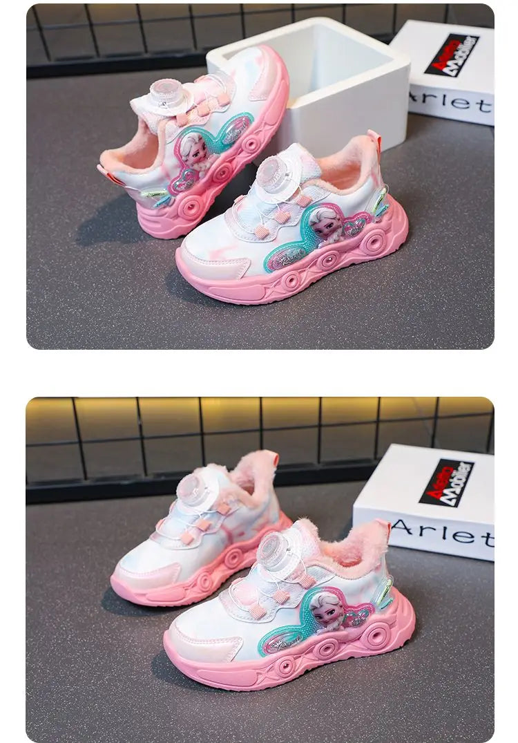 Disney LED Casual Sneakers Pink Purple For Summer Girls Frozen Elsa Princess Print Outdoor Shoes Children Lighted Non-slip Shoes