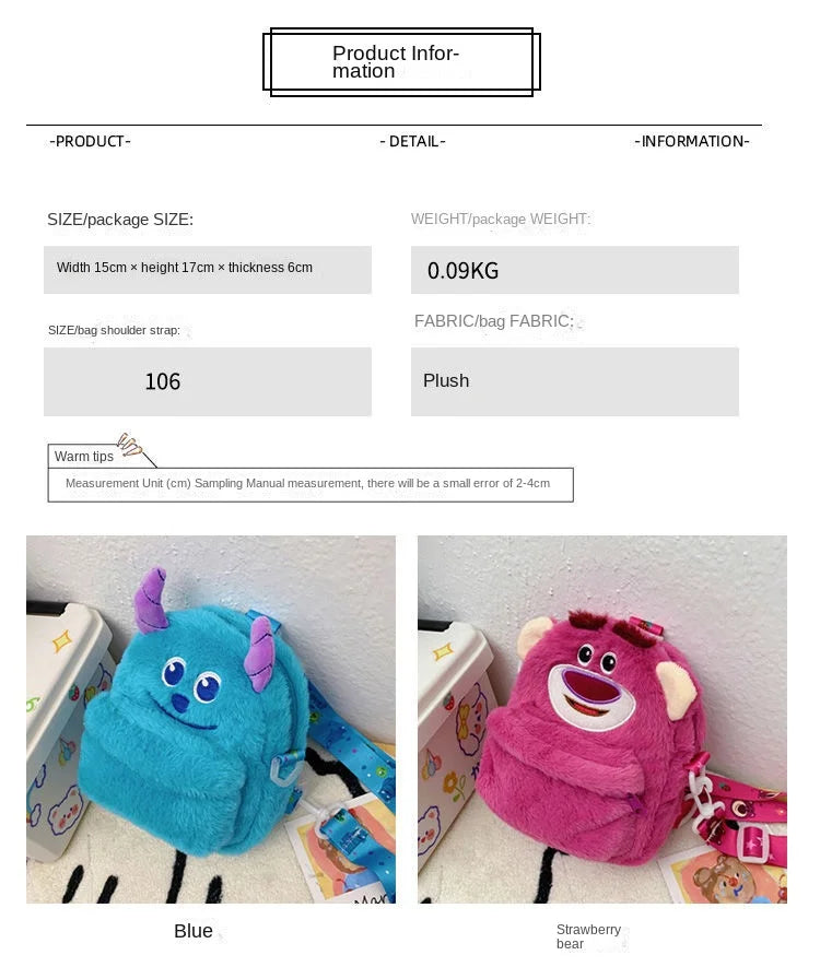 Disney Strawberry Bear 2025 New Girl Plush Backpack Cartoon Children Plush Messenger Bag Fashion Trend Girls Coin Purse