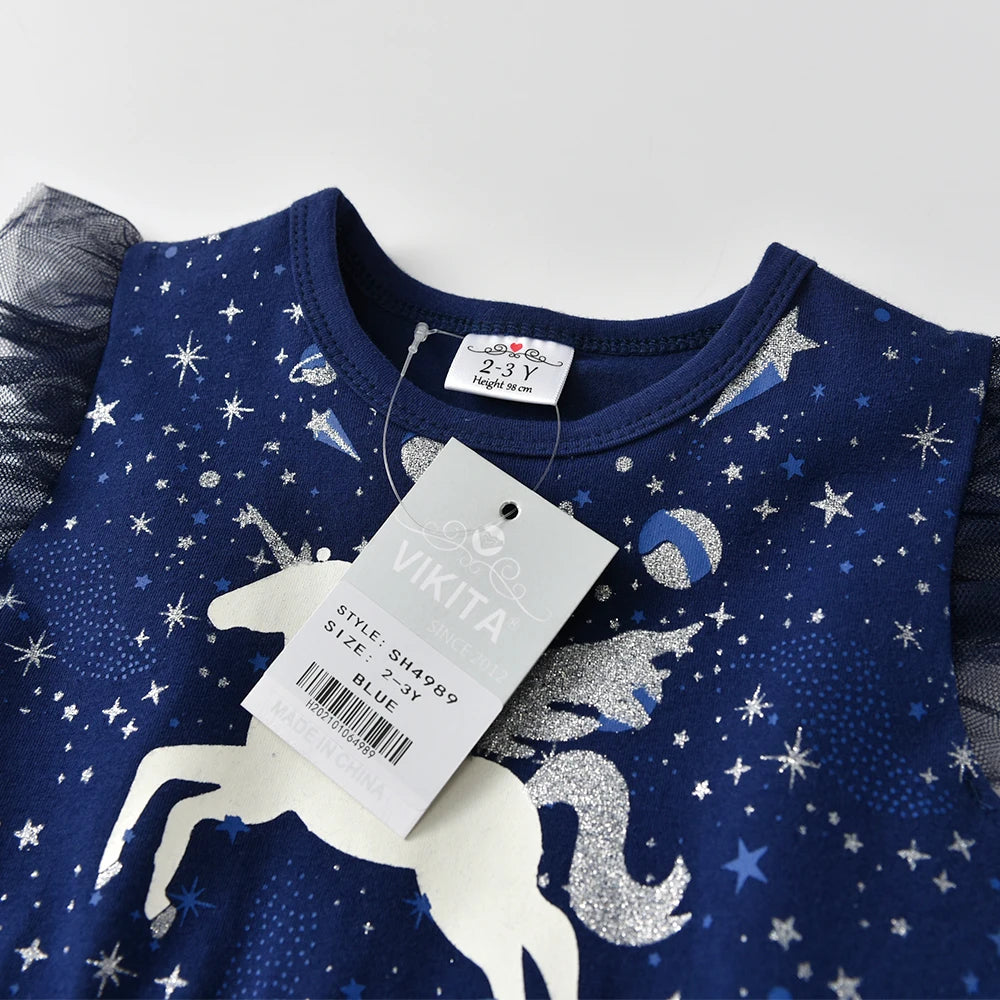 VIKITA Kids Licorne Cartoon Dress Girls Flare Sleeve Summer Dresses Girls Gradient Birthday Party Performance Princess Dresses