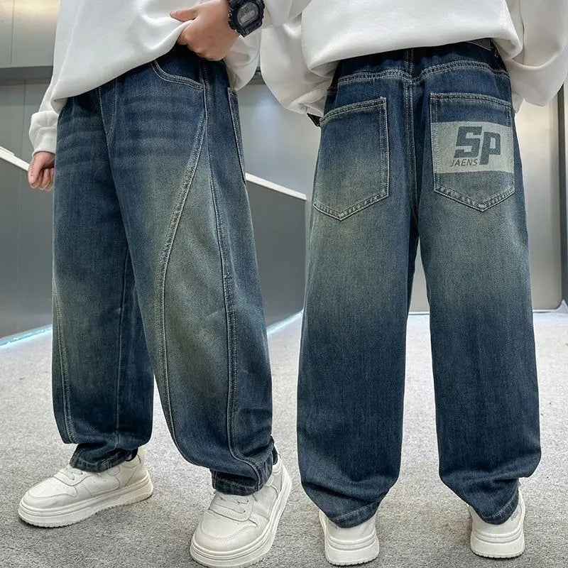 2025 New Korean Style Boys Jeans Spring Autumn Loose Fit Elastic Casual Kids Big Kids Fashion Trendy Jeans