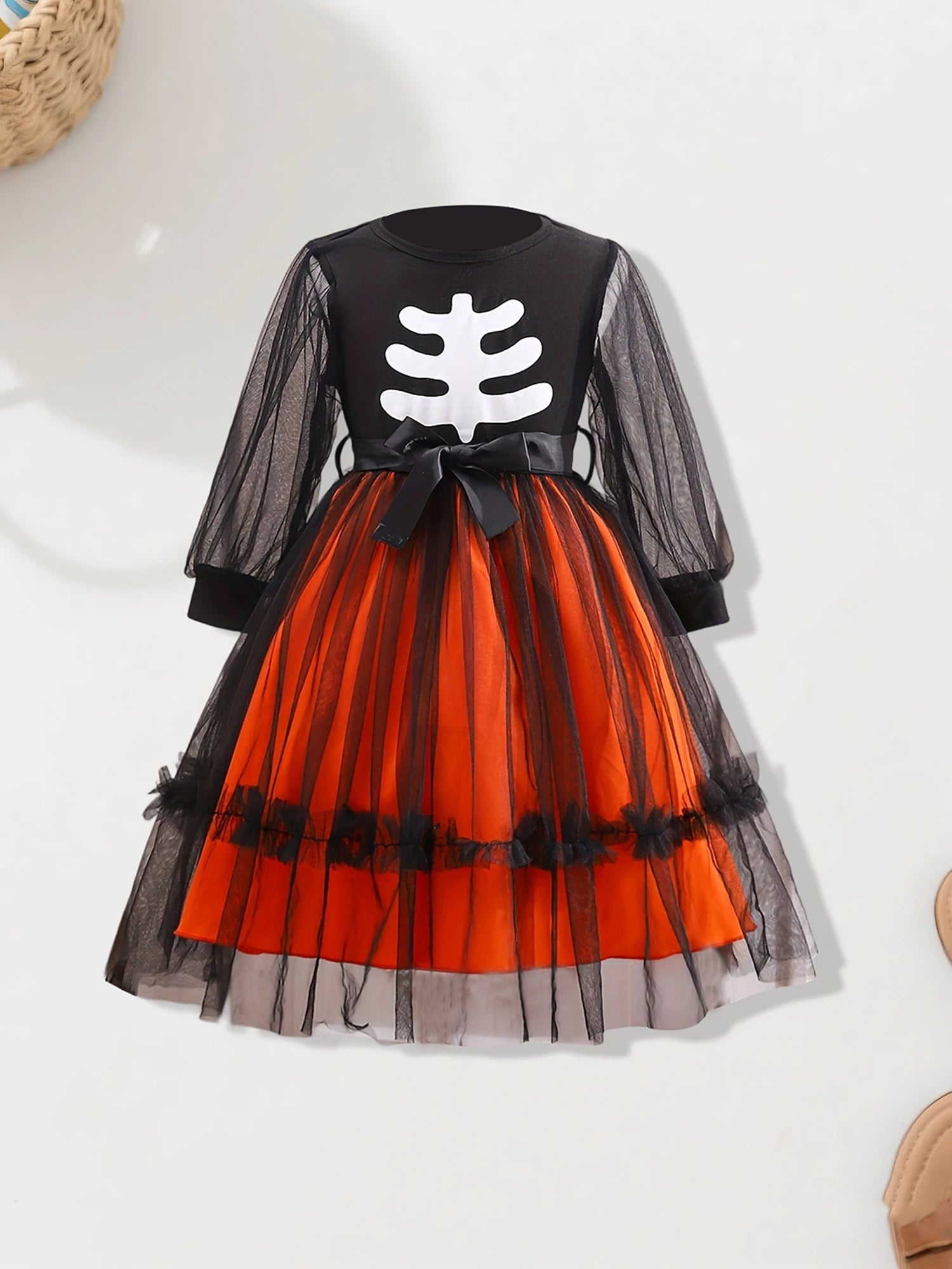 Girls Halloween Costume Dress Skeleton Print Long Sleeve Crew Neck Tulle Patchwork Fall Dress for Kids Party Wear