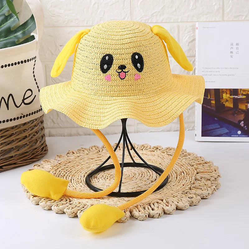 Kids Baby Bunny Hat with Moving Ears Rabbit Straw Hat Jumping Ear Funny Cap Wide Brim Sun Protection Hat Boys Girls Outdoor