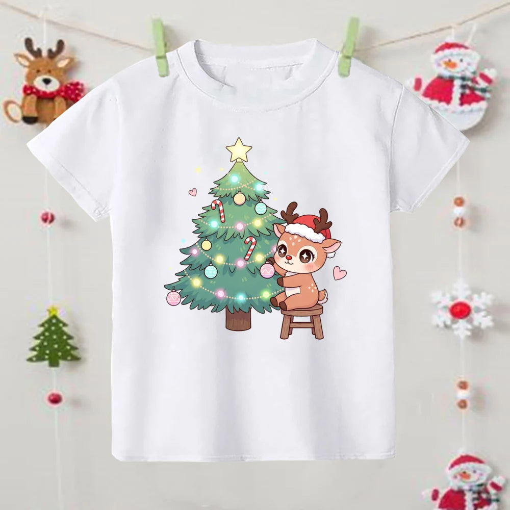 Christmas Fashion Kid Tee Top Round Neck Santa Claus/Tree/Snowman/Elk Print Shirt for Boy Girl Clothes Kids Unise