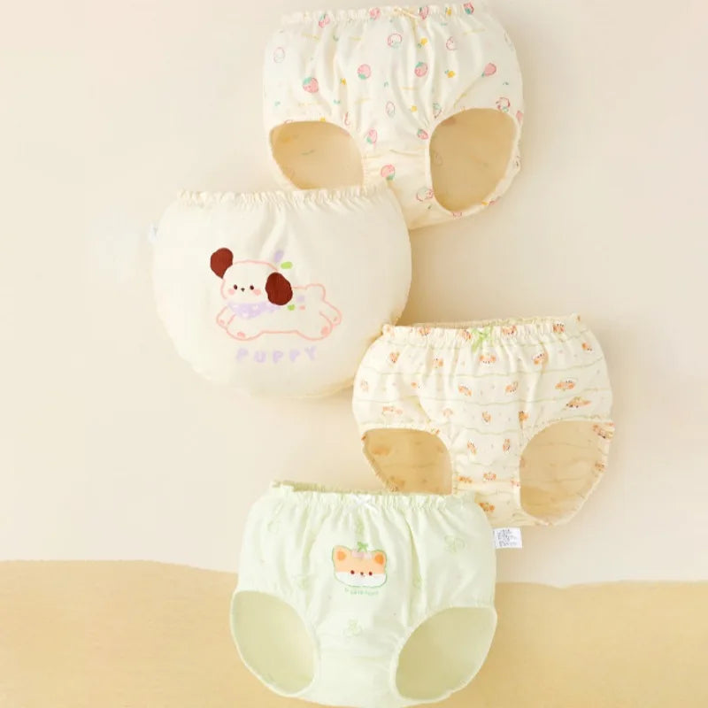 4PCS Cotton Soft Antibacterial Briefs for Girls Breathable Comfort Panties 3+y Young Children Clothing Kids Cute Print Underwear