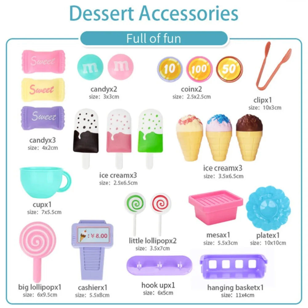 Ice Cream Shop Pretend Play Set Suitcase Cart Toys for Kid Dessert Doctor Play Set with Storage Trolley Table Gift for Boy Girl