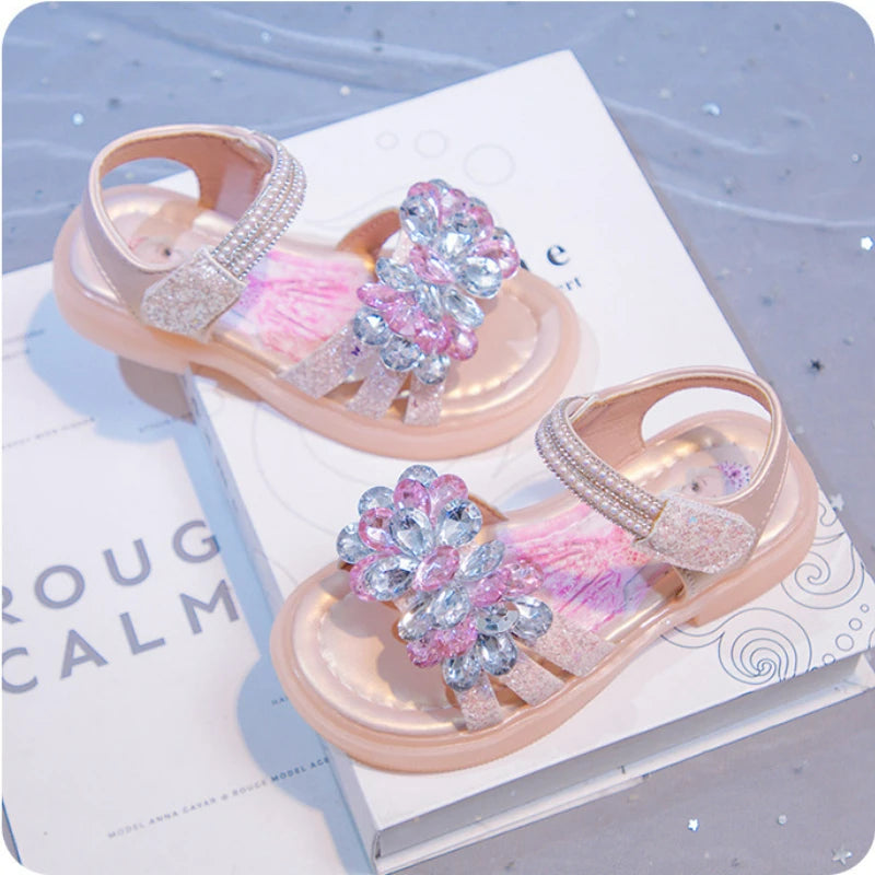 Kids' Sandals Elsa Princess Frozen PU Leather Crystal Summer Flat Shoes For Girls Breathable Anti-slip Blue Pink Size 23-33