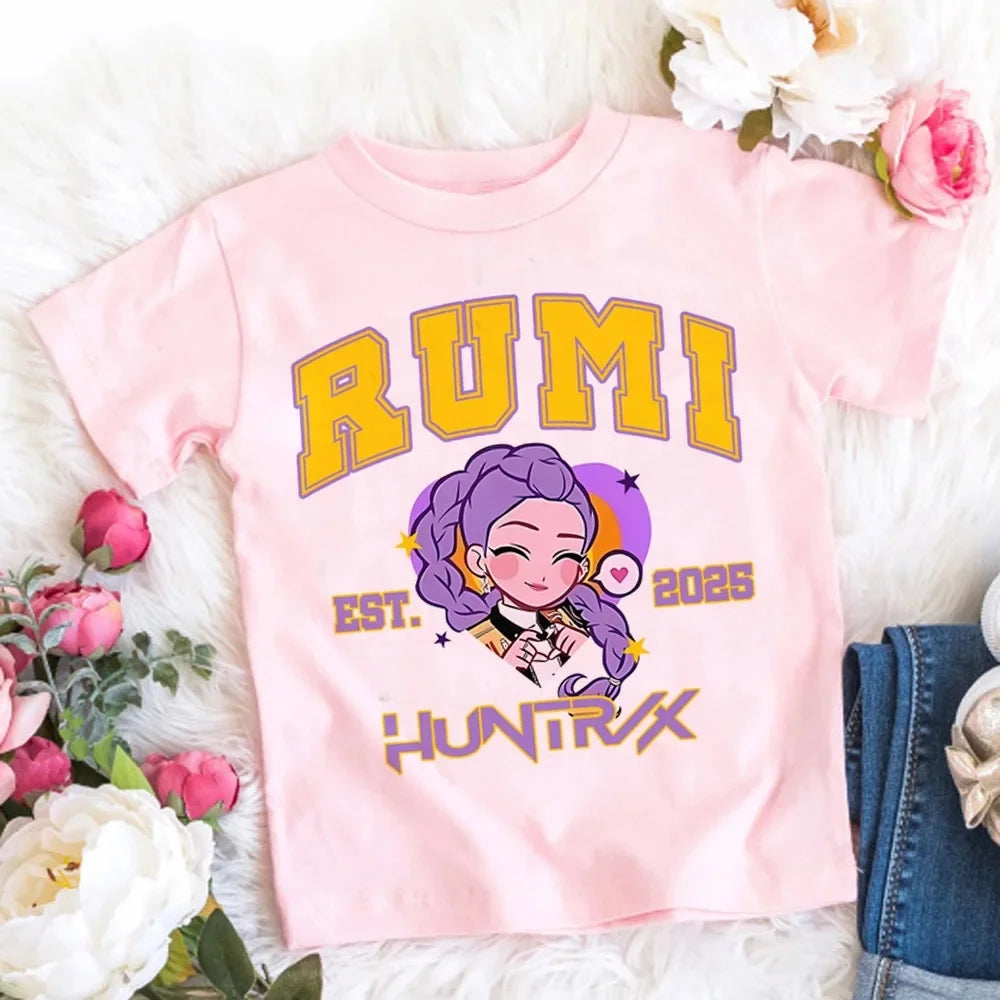 2025 New KPop Demon Hunters Child Short Sleeve T-shirt Anime Character Print Tees Boys Girls Summer Casual Tops Birthday Gift