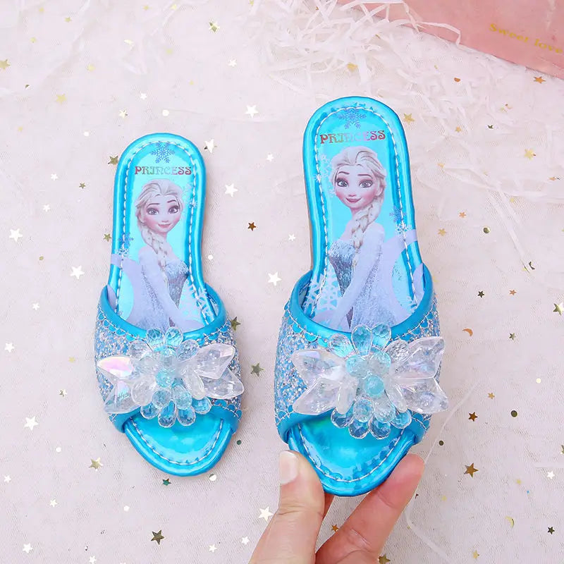 Disney Children's Sandals Frozen Slippers Fashion Elsa Princess Shoes Crystal Flowers Non-slip Blue Pink Silver Girls' Sandals