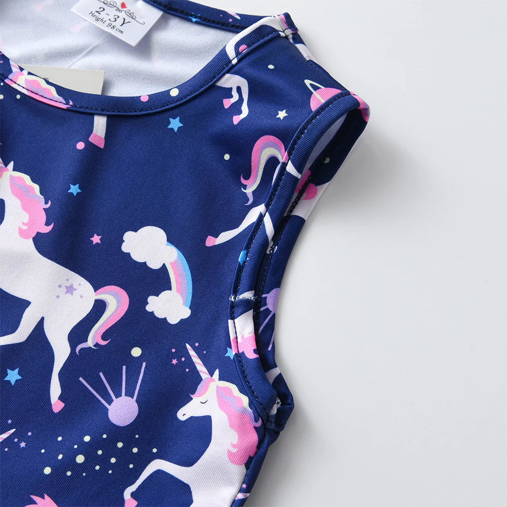 VIKITA Girls Licorne Rainbow Cosmos Print Summer Sleeveless Dress Kids Polyester Daily Casual Party School Dresses Kids Clothing