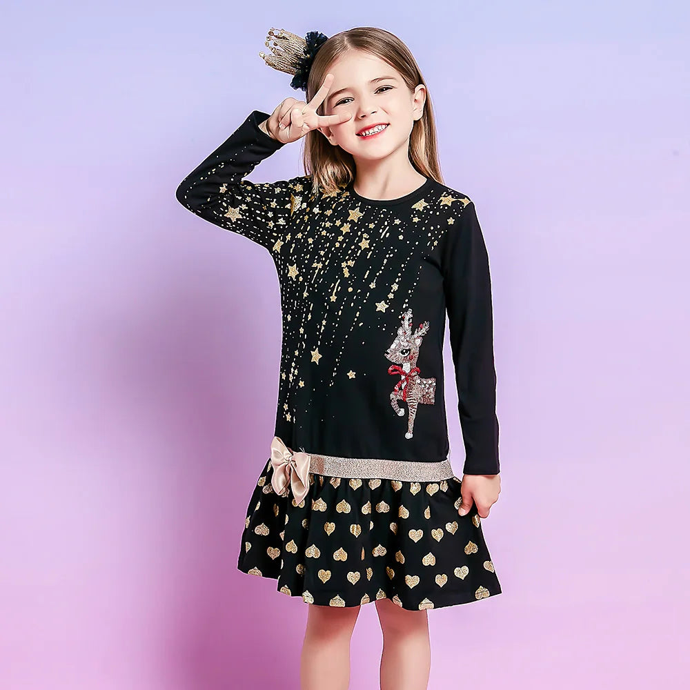 VIKITA Girls Christmas Dress Kids Golden Stars Reindeer Sequined Appliqued Festival New Year Holiday Party Bow Knot Gift Dresses