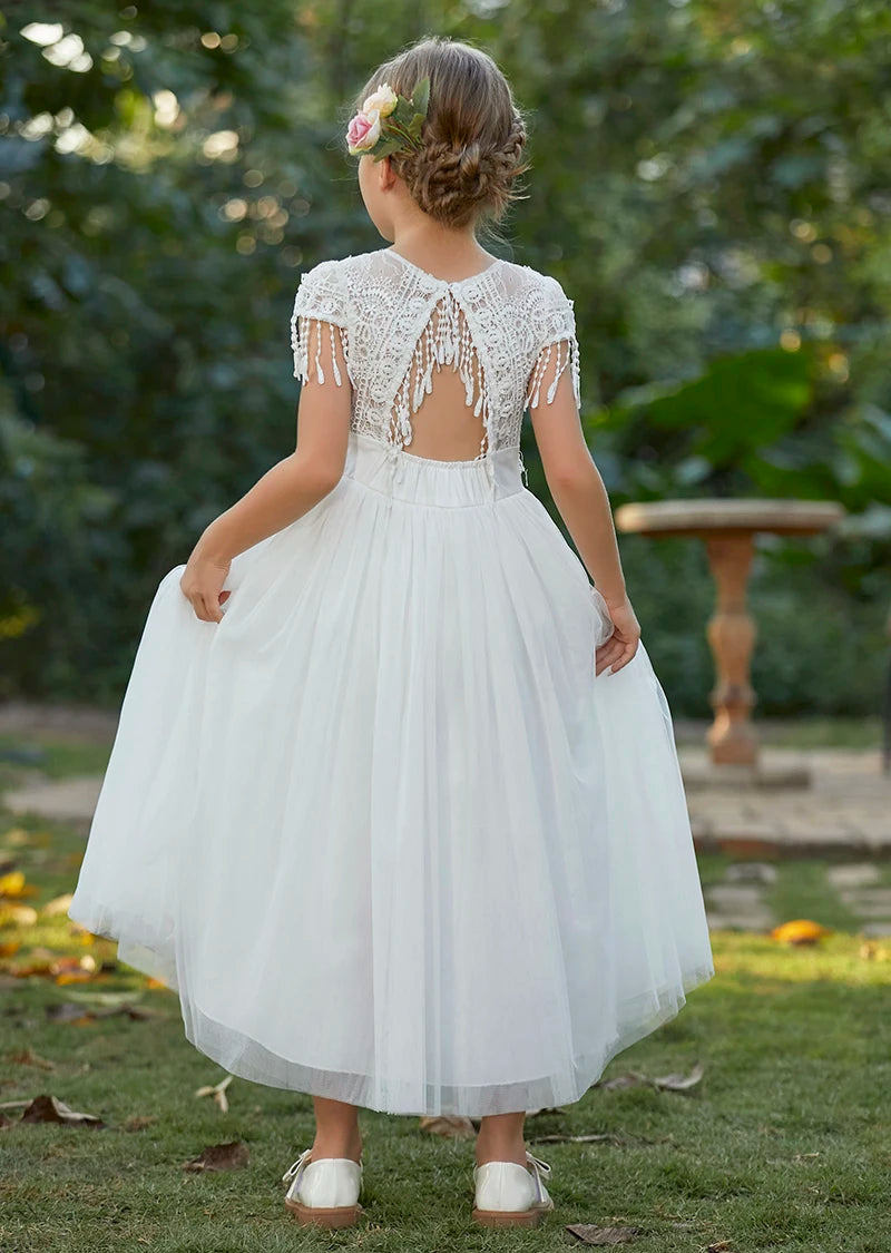 Christmas Girl's New Bohemian Style Lace Tassel Flower Backless Solid Color Fashionable and Atmospheric Gathering Mesh Dress