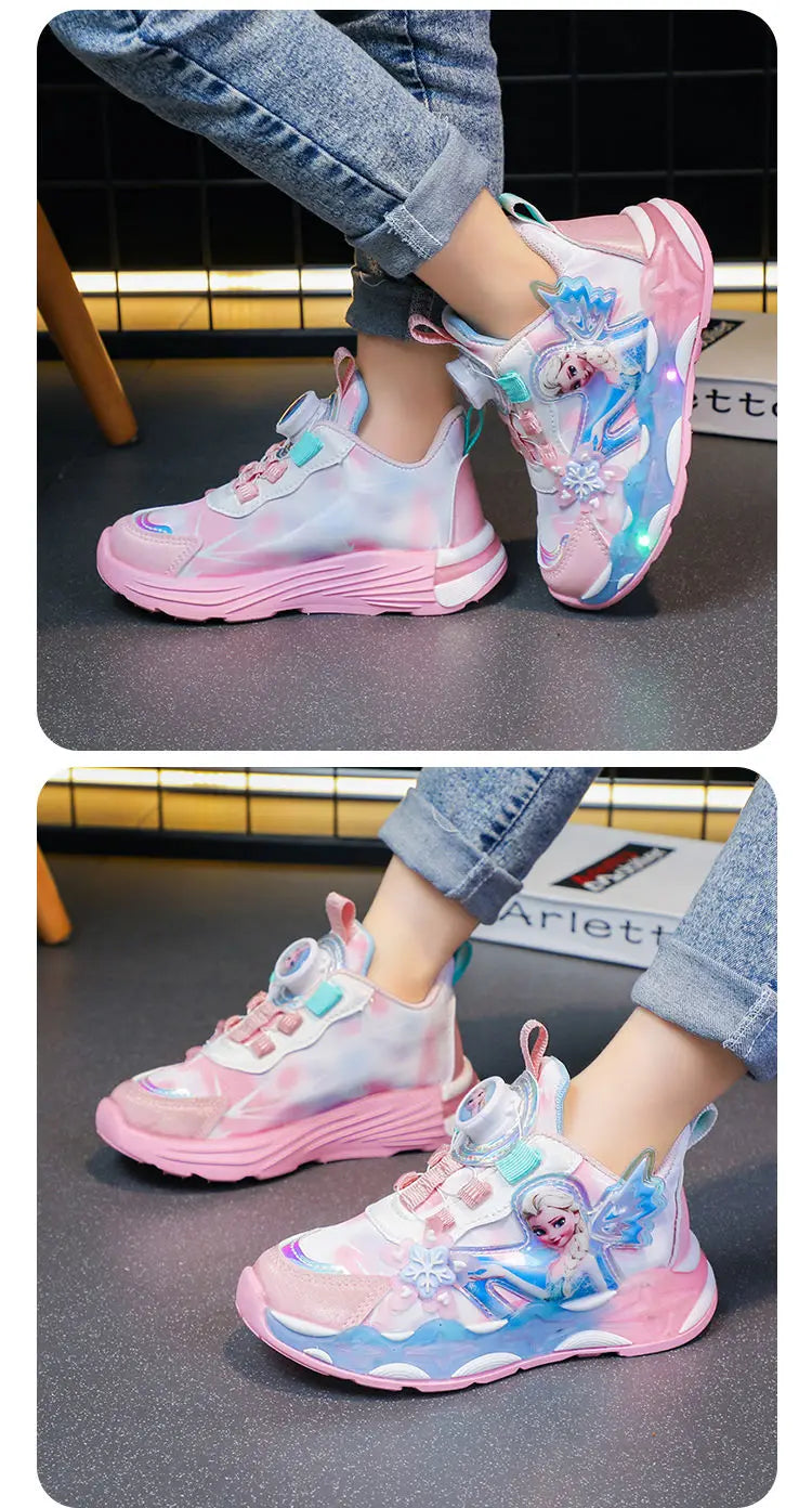 Disney LED Casual Sneakers Spring Girls Frozen Elsa Princess PU Leather Shoes Children Lighted Non-slip Pink Size 23-35