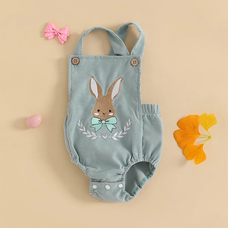 Infant Easter Jumpsuit with Sleeveless Design and Adorable Bunny Embroidery Cute Newborn Overall for Spring Celebrations