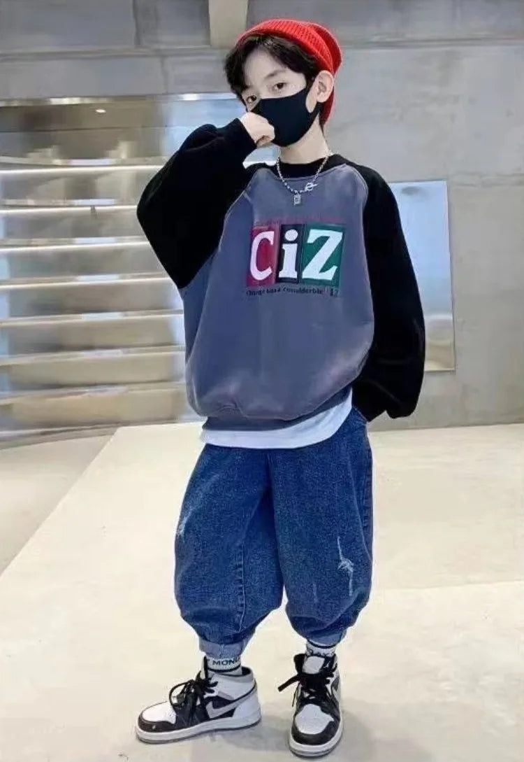 Boys' Medium-Large 2025 New Arrival No Hood Street-Style Korean Trendy Layering Top Kids Sweatshirt for Spring/Autumn