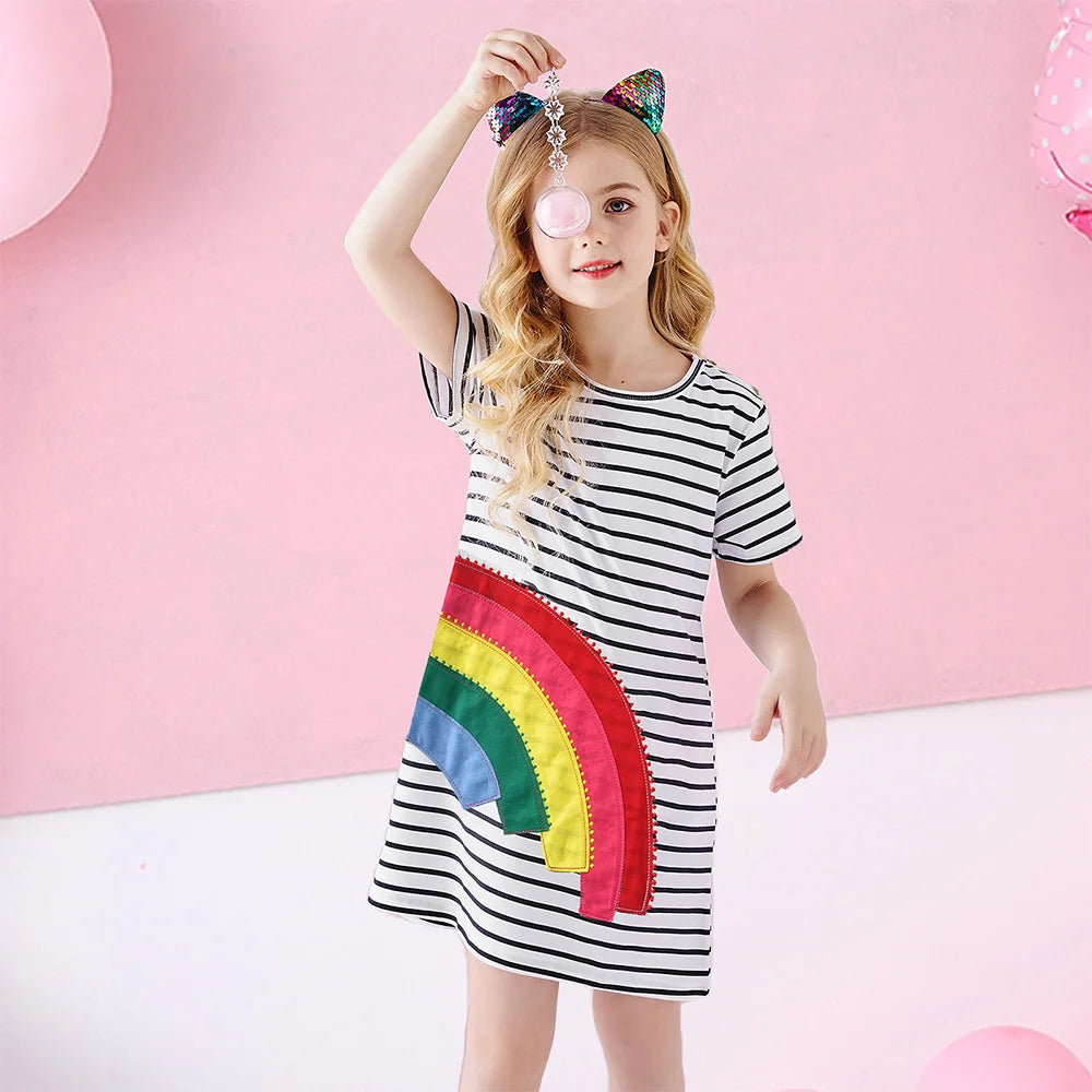 VIKITA Girl Short Sleeve Striped Dress for Summer Kids Rainbow Appliqued Cotton Casual Daily Cozy Straight Vestidos Kids Clothes