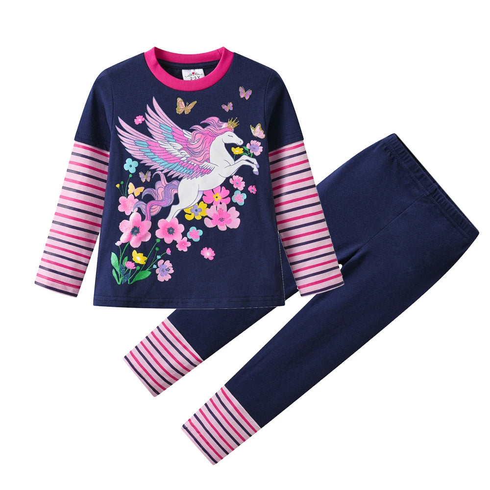 VIKITA 2025 Kinderkleidungsset für Mädchen, 2-teilig: Langarm-Baumwoll-T-Shirt mit Blumen-, Einhorn- und Schmetterlingsmotiv und passende schmal geschnittene Bleistifthose.