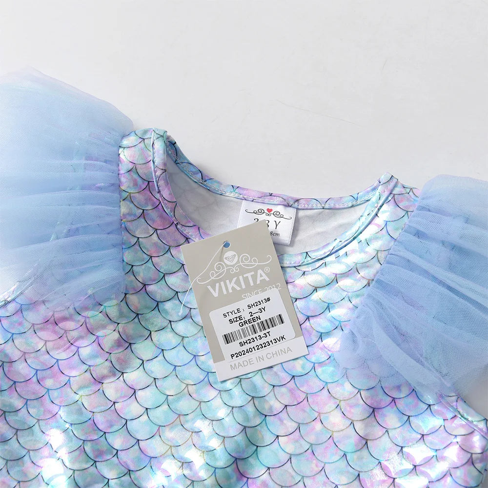 VIKITA Girls Flare Sleeve Summer Dress Kids Mermaid Print Birthday Party Travel Beach Princess Dresses Girls Mesh Tulle Dress