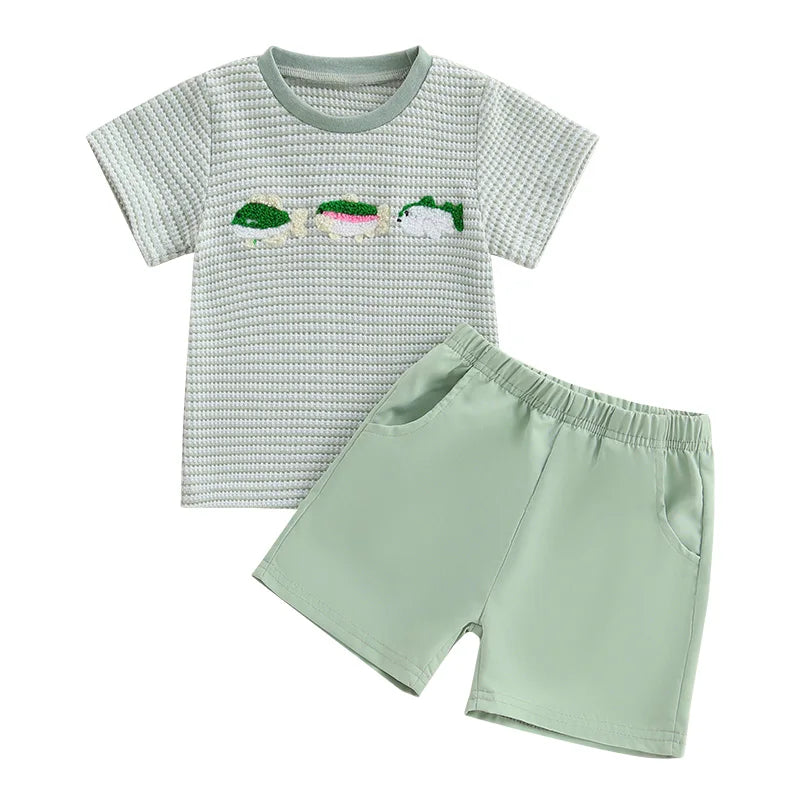 Infant Boy Outfit Set with Cute Animal Embroidery Short Sleeve Tee and Stylish Plaid Shorts for Summer 2 Piece Set