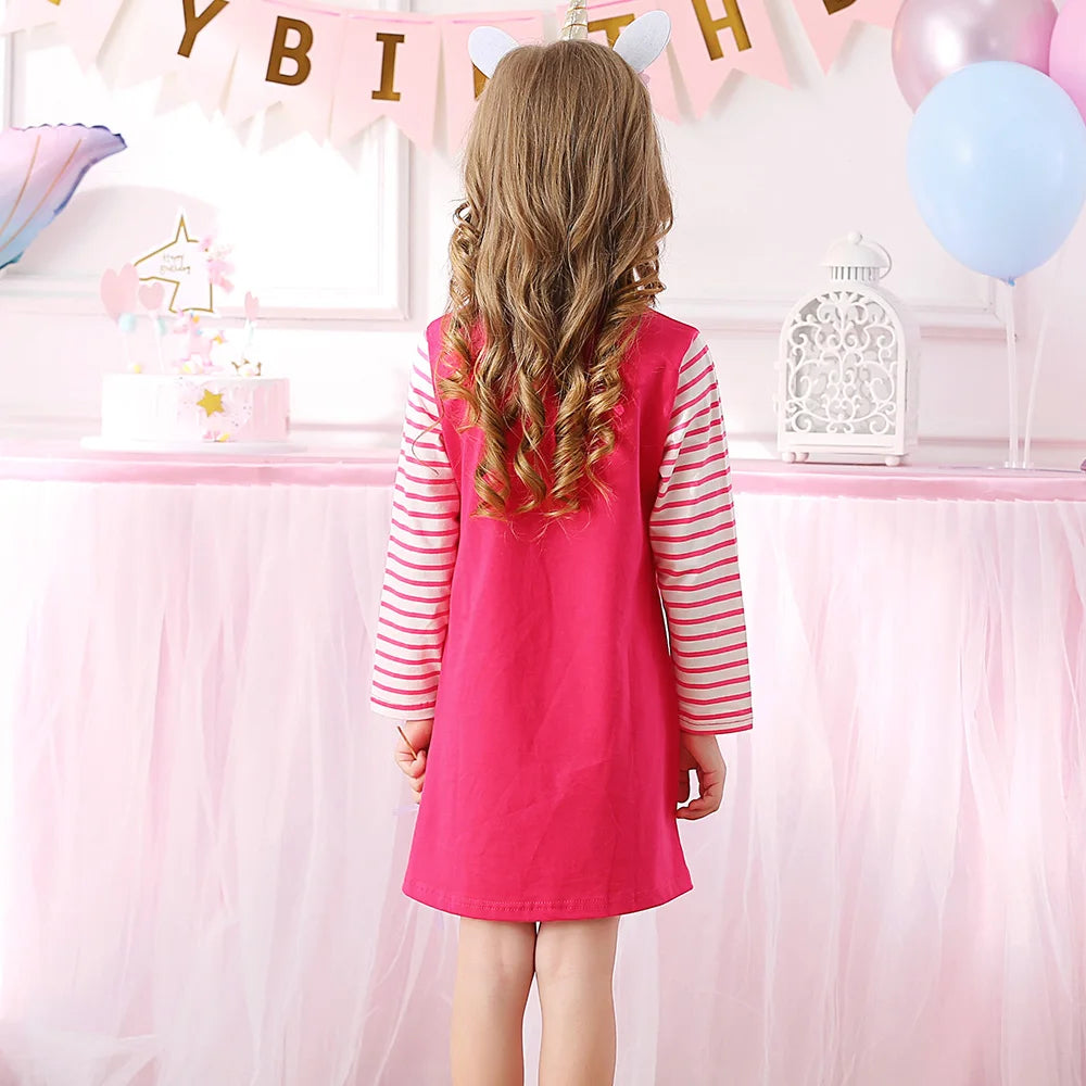VIKITA Teenagers Straight Dress Kids Cotton Casual Daily School Vestidos Kids Fashion Cute Striped Unicorn Appliqued Pink Dress