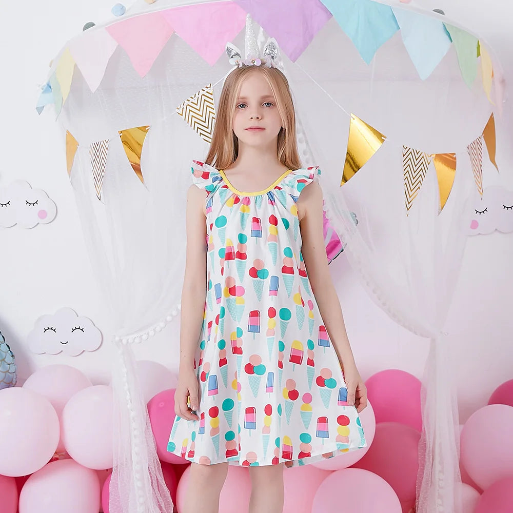 VIKITA Girls Camisole Sling Suspenders Sleeveless Summer Dress Kids Ice Cream Print Flare Sleeve Dresses Children Clothing