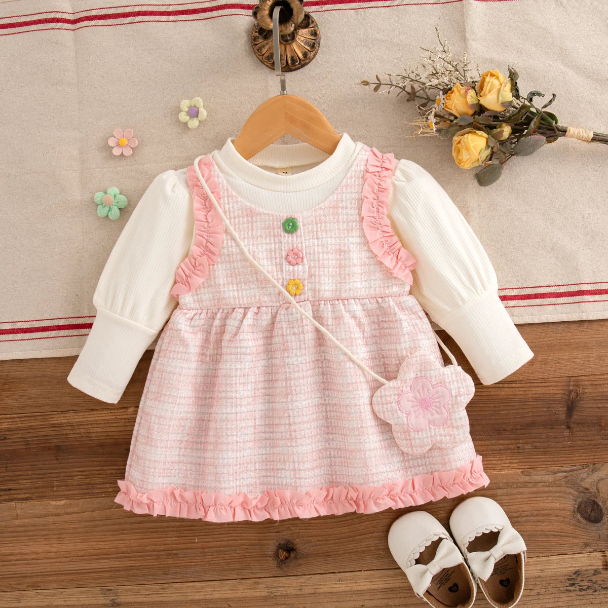 9 Months -3 Years Old Spring And Autumn New Simple Striped Baby Girl Dress, White Long Sleeved Children'S Clothing + Flower