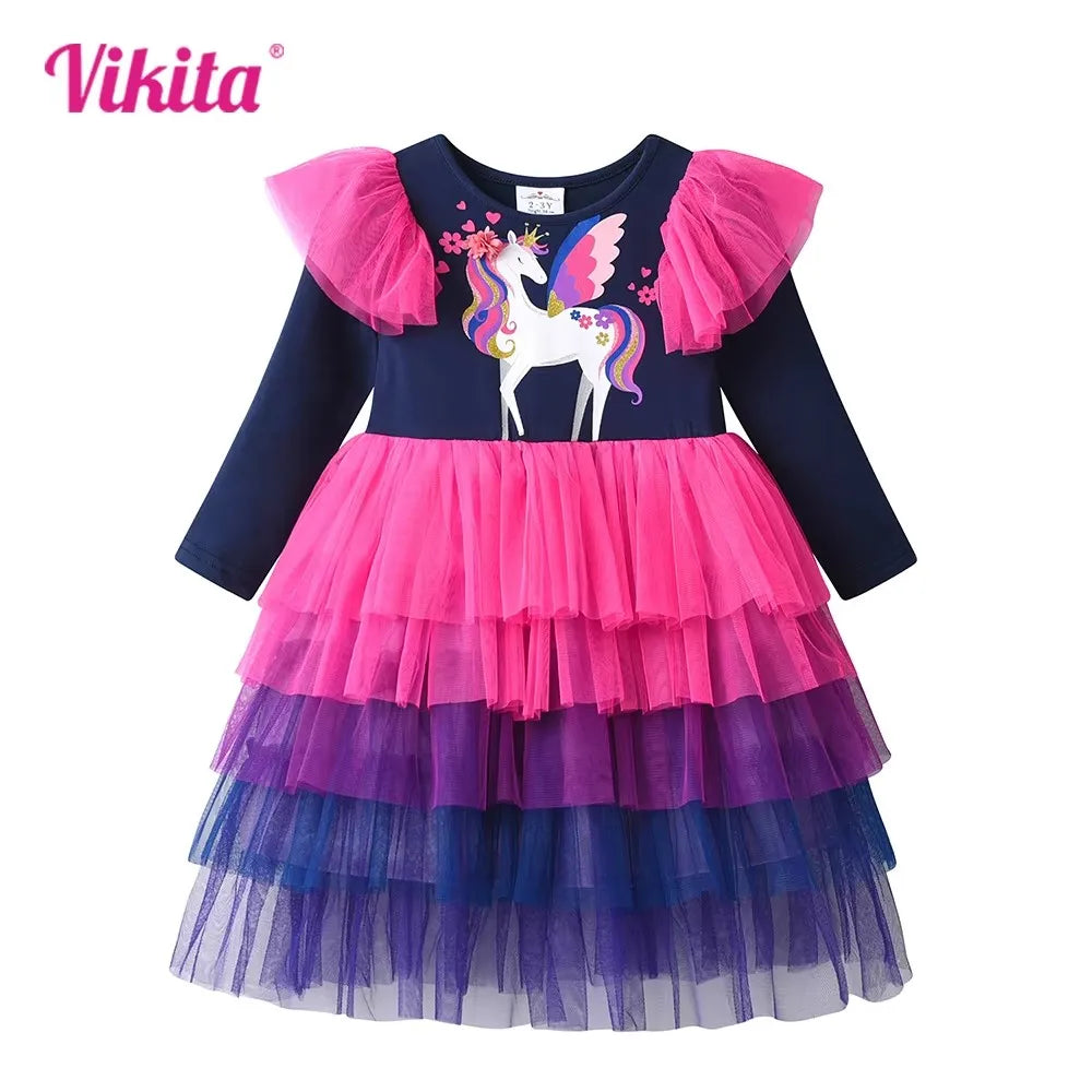 VIKITA Girls Unicorn Print Cartoon Dress Kids Flare Sleeve Prom Gown Girls Gradient Layered Mesh Tulle Tutu Princess Vestidos