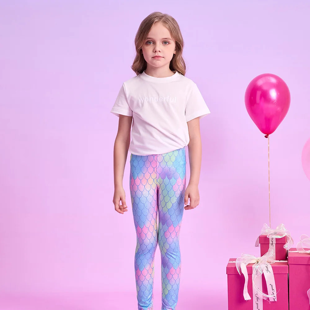VIKITA Kids Mermaid Print Leggings Girls Colorful Skinny Pants Toddler Casual Pencil Trousers Daily Casual Wear Children Clothes