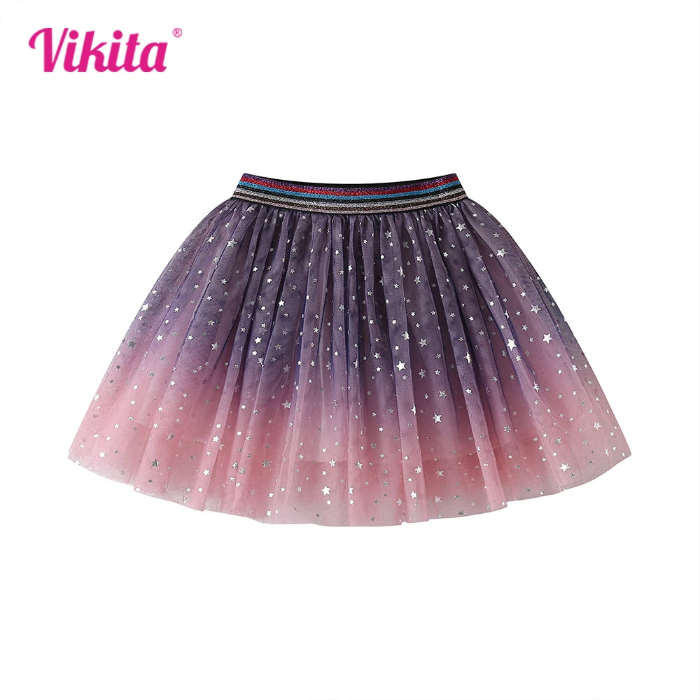 VIKITA Kids Gradient Shiny Sequined Princess Tulle Skirt Girls Birthday Party Ballet Dance Starry Mini Skirts Kids Clothing