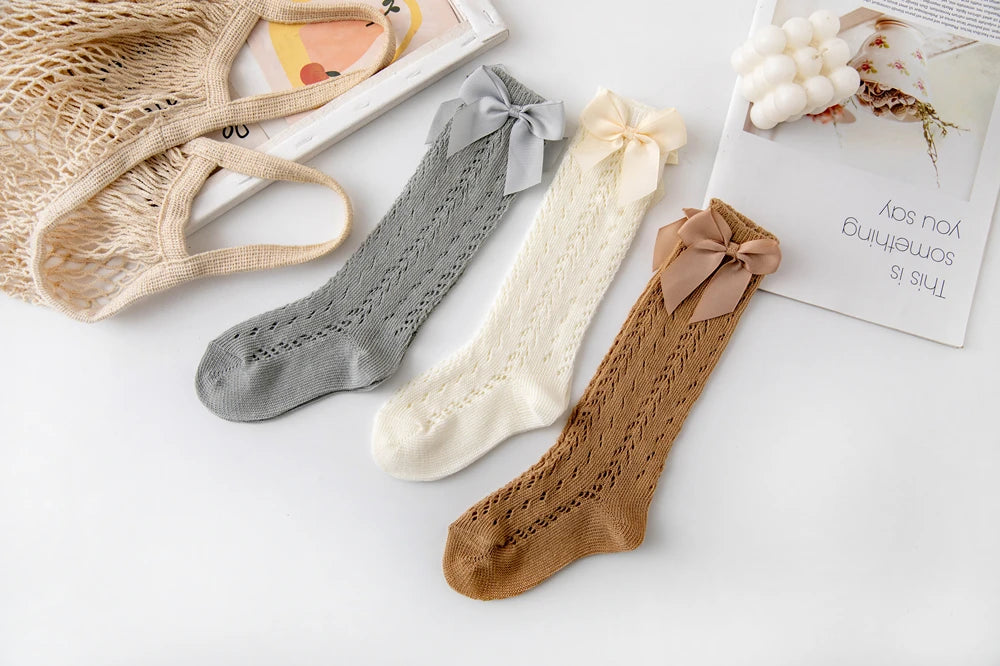 1 Pairs Summer Bow Baby Girls Socks Toddler Long Sock Infant Knee High Cotton Mesh Spanish Style Breathable Socks For 0-8Years