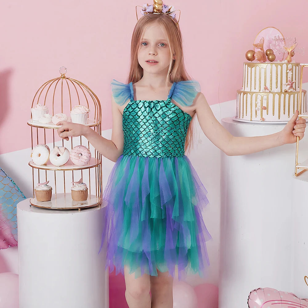 VIKITA Girls Sling Dress Girls Mermaid Print Sleeveless Summer Dresses Kids Mesh Tulle Party Travel Beach Vacation Tutu Vestidos