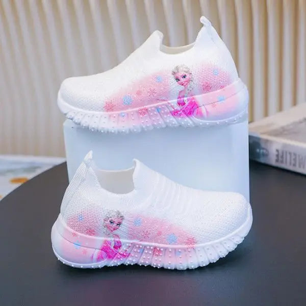 Disney Solid White Fashion Knitting Frozen Princess Elsa Children Casual Shoes Kids' Light Breathable Stretch Socks Sneakers Siz