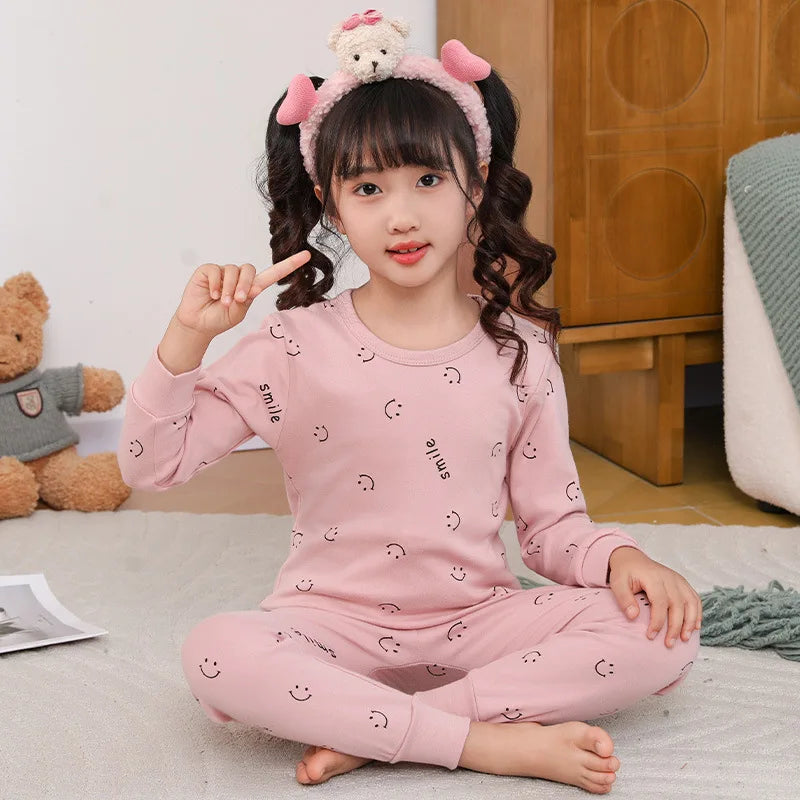 Children's Autumn Clothes and Pants Set for Boys and Girls Pure Cotton Thermal Underwear Pure Cotton Cotton Sweater Baby Pajamas