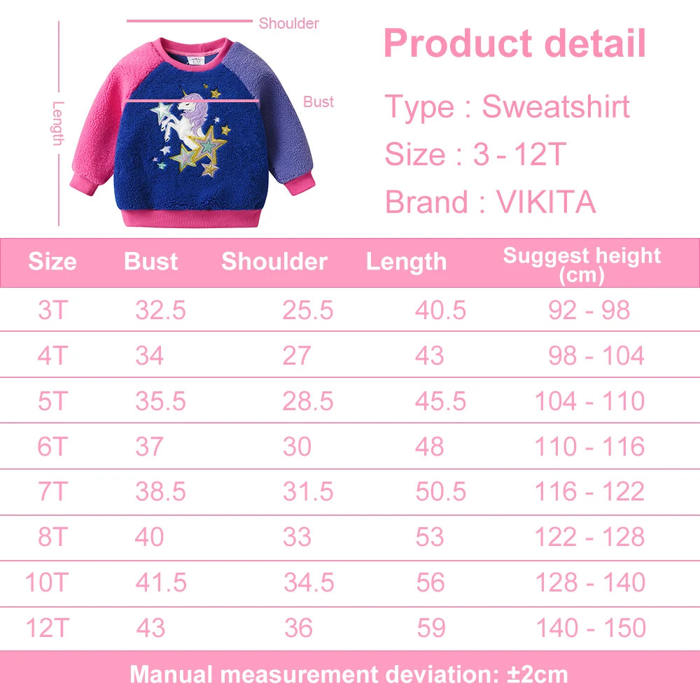 VIKITA Toddlers Licorne Star Appliqued Patchwork Sweatshirt Girls Fleece Autumn Winter Soft Sportwear Pullover Tops Costumes