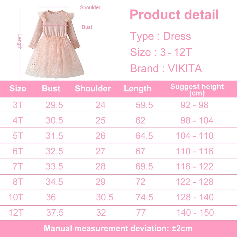 VIKITA Girls Knitted Dress Long Sleeve Autumn Spring Pink Dresses Girls Birthday Party Mesh Cotton Casual Dress Kids Clothes