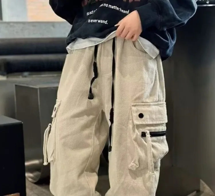 2025 New Boys' Cargo Pants Spring Autumn Casual Street Dance Cuffed Ankle Long Pants Toddler Boys
