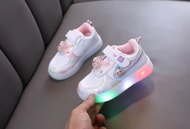 Disney Kids Girls Shoes Children Sneakers Girls Elsa Frozen Princess Casual Sport Student Shoes LED Lights Shoes Size 21-30