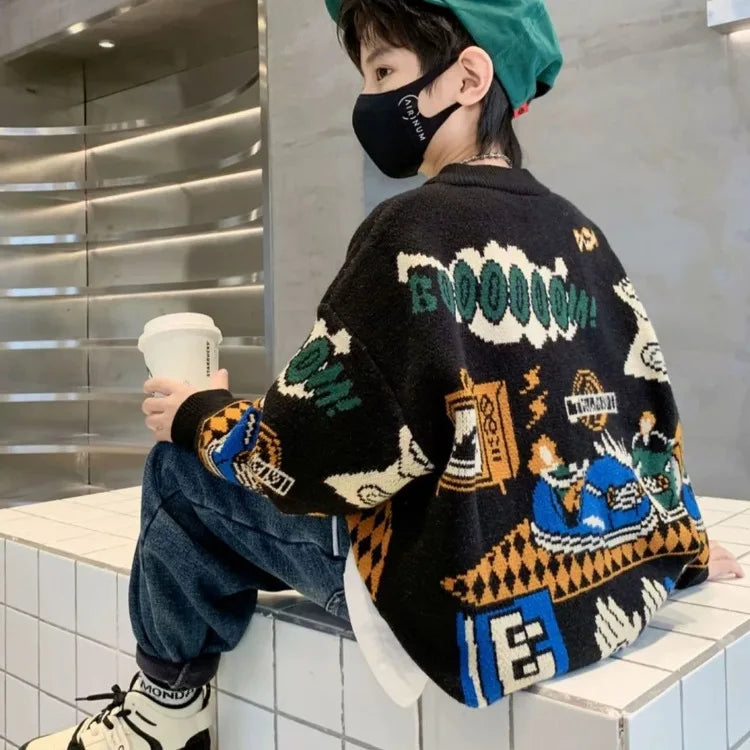 2025 New Boys' Autumn/Winter Fleece-Lined Thickened Pullover Knit Sweater - Warm Base Layer for Kids, Trendy & Cozy Design
