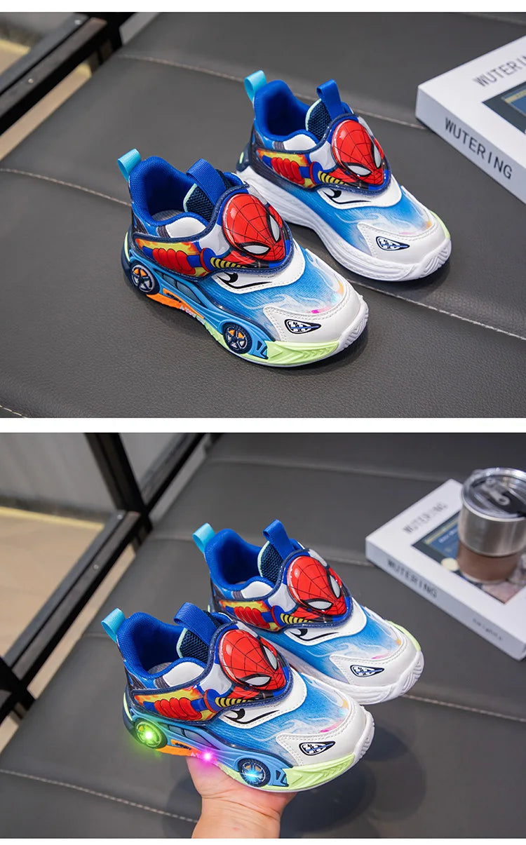 Disney Children's Shoes Fashion Cartoon LED Lights Spiderman Sneakers for Boys Breathable Sport  Anti-slip Student Shoes Size 26