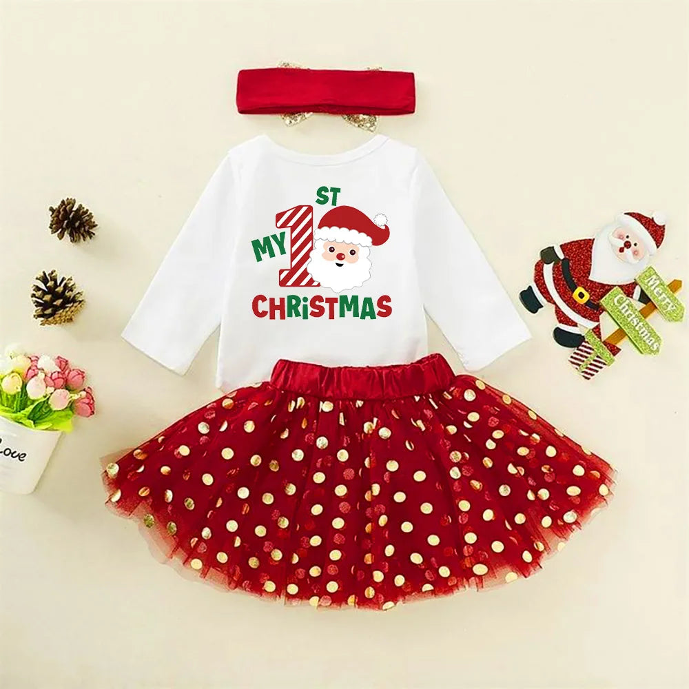 My 1St Christmas Baby Bodysuit Cake Dresses Set Infant Girls Long Sleeve Playsuit Tutu Skirts Clothes Toddler Xmas Party Outfits