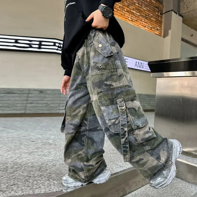 2025 New Boys Autumn Camouflage Tactical Pants - Kids Cargo Pants with Multiple Pockets, Trendy & Comfortable for 8-14 Years Old