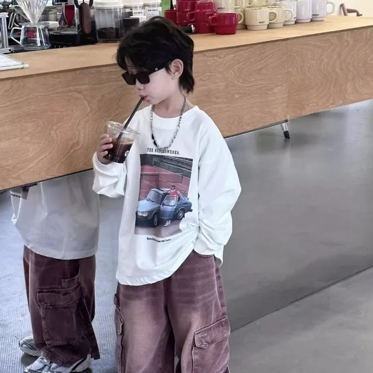 Loose Autumn Cotton T Shirt Child Korean Children's Clothing 2025 Kids Boys Clothes Long Sleeve Outdoor Tees Year Old Boy Wear