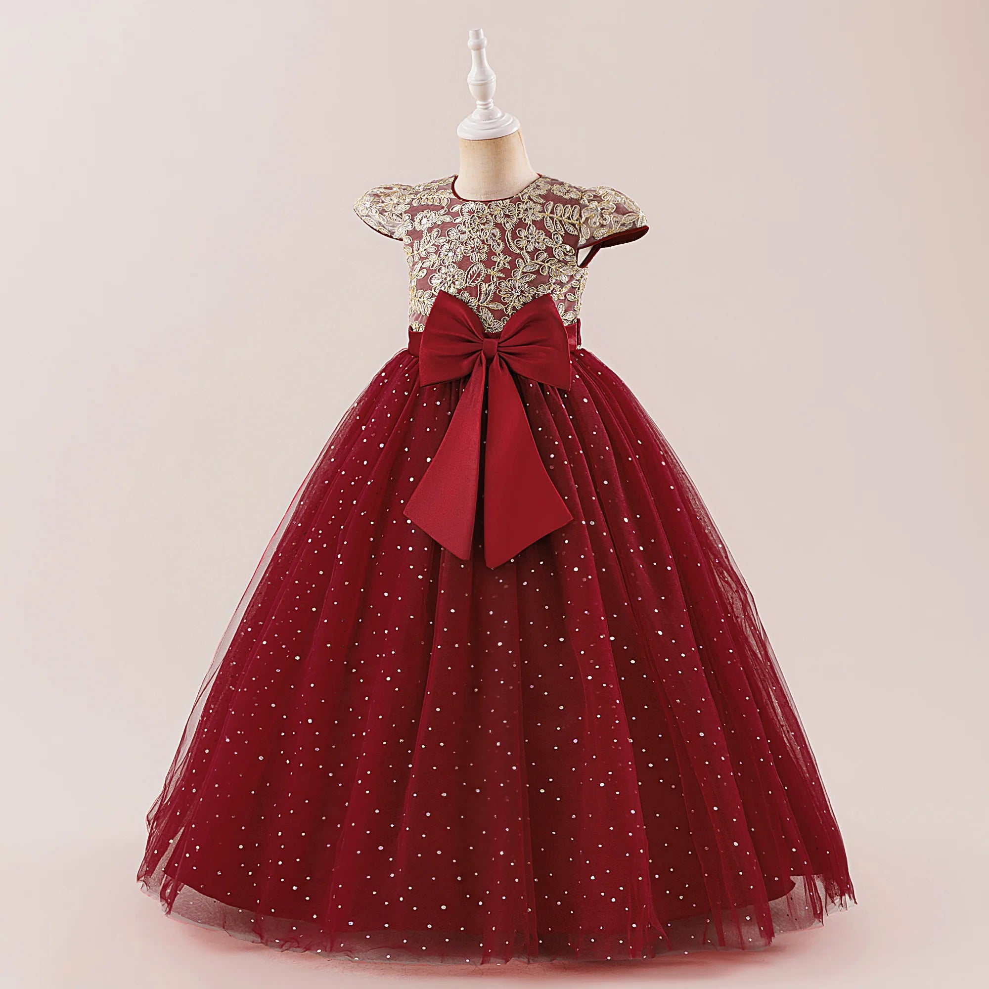 Elegant Bow Bridesmaid Party Girls Dress Sequin Flower Wedding Birthday Princess Dress Girl Tulle Prom Performance Gala Costumes