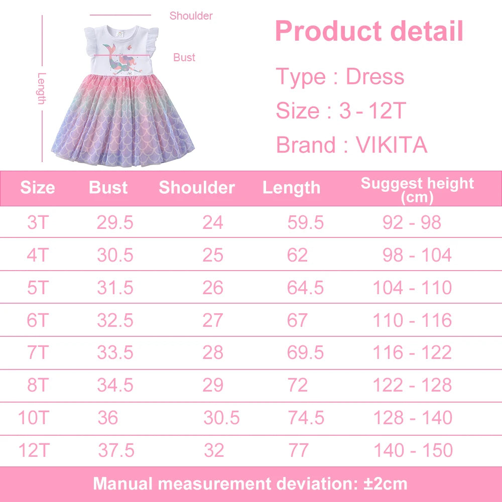 VIKITA Kids Mermaid Print Cartoon Dress Girls Gradient Vacation Birthday Party Casual Princess Flare Sleeve Summer Dresses 3-8 Y