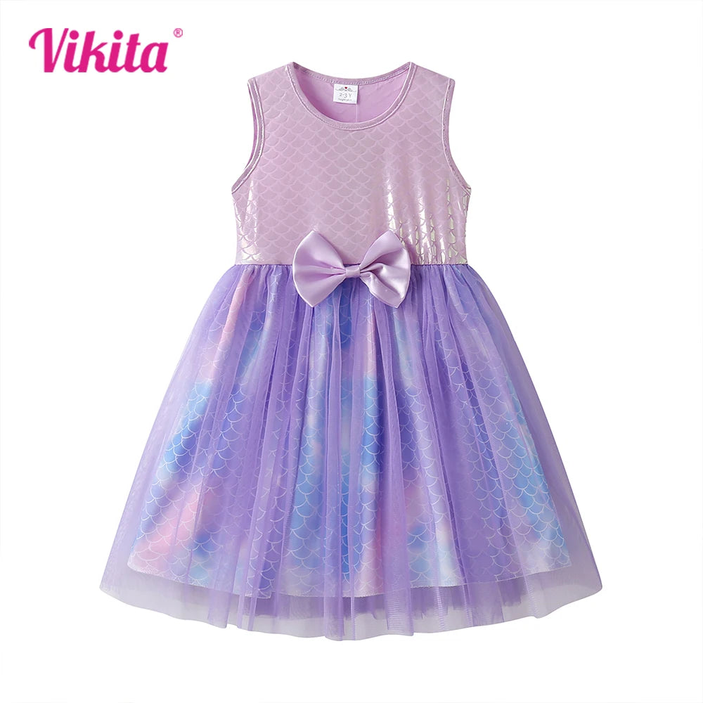 VIKITA Girls Mermaid Print Dress Kids Summer Sleeveless Dresses with Bow Knot Girl Princess Party Prom Gown Beach Vacation Dress