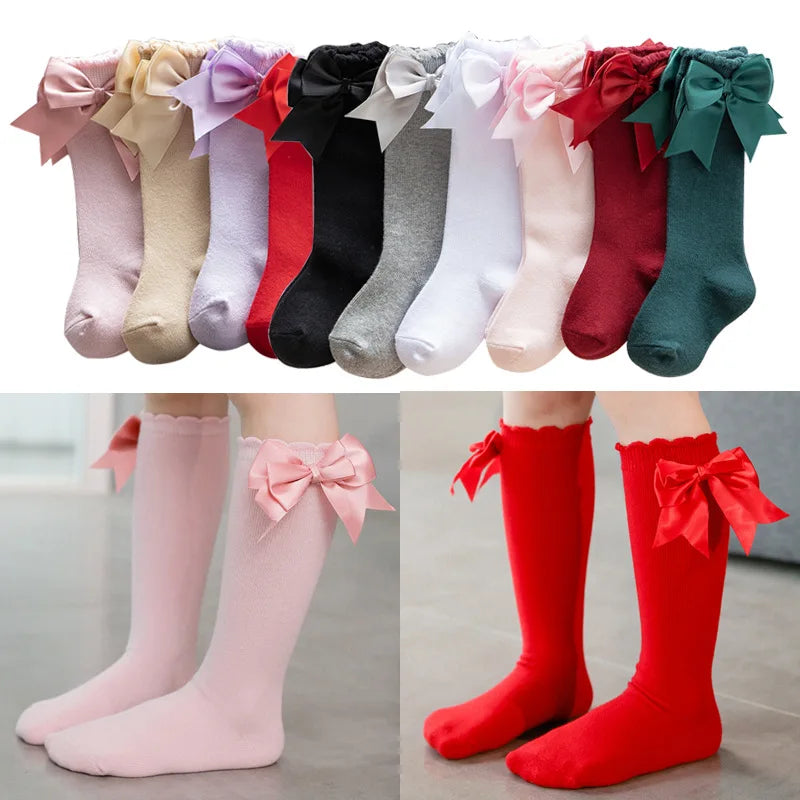 1 Pair Spanish Style Girls Socks Solid Color Big Bow 100% Cotton Baby Children Toddlers Long Socks Princess Knee High Socks