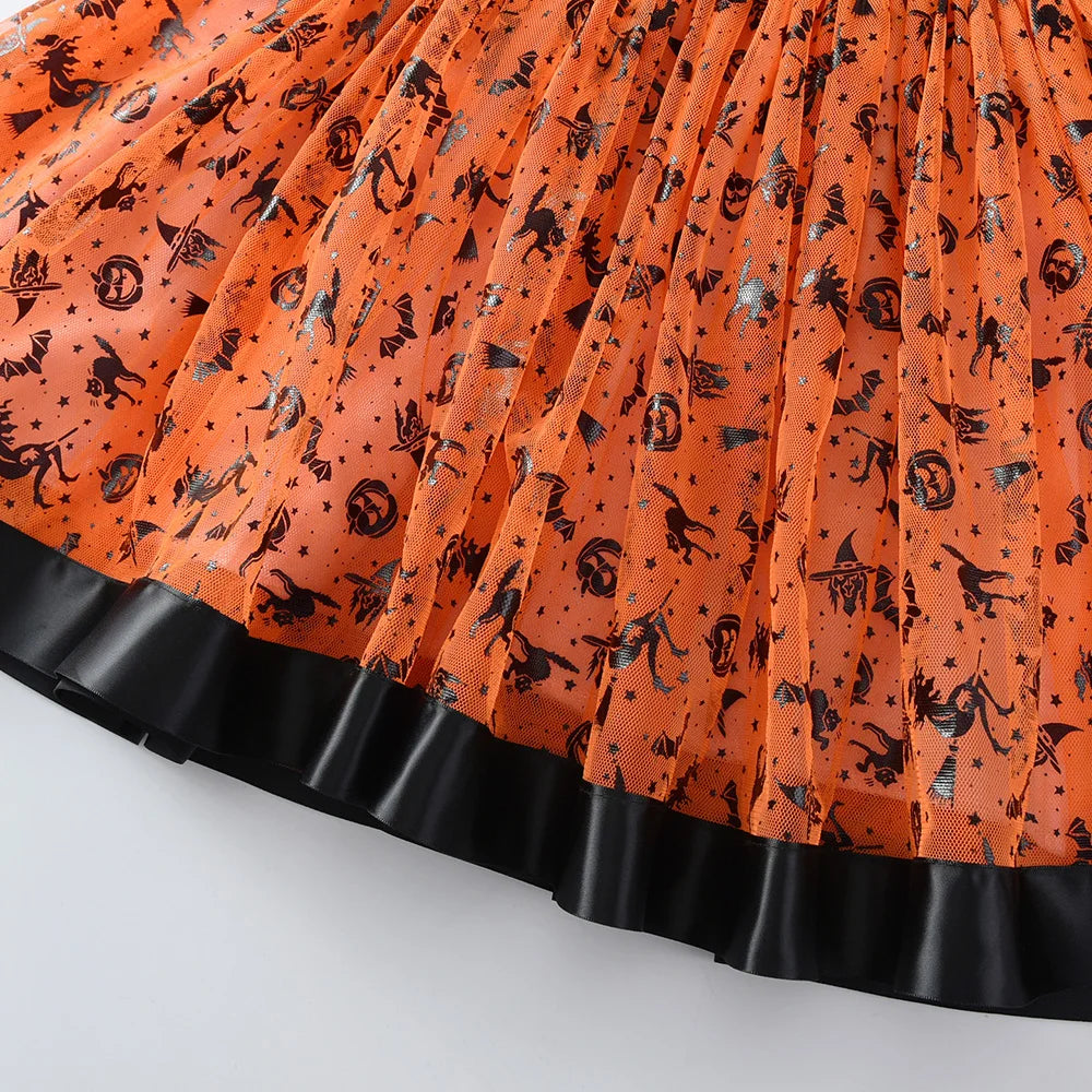 VIKITA Dress for Kids Girl Pumpkin Witches Bats Layered Mesh Tulle Princess Dress Children Cosplay Festival Halloween Costumes